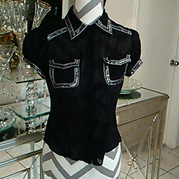 Bebe Black Sheer Sequin accent Top - Picture 3 of 7